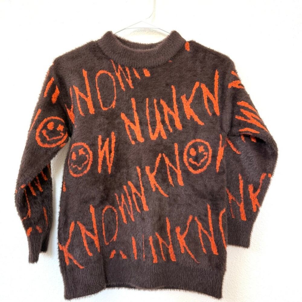 UNKNOWN Graphic Pullover Brown Orange Luxe Soft Knit Smiley Face Indie Emo XS